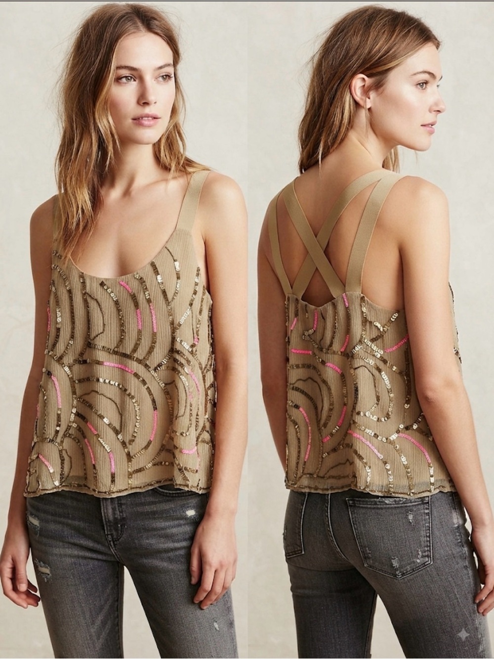 Free People Taupe Beaded Scoop Tank with Pink & Gold Accents